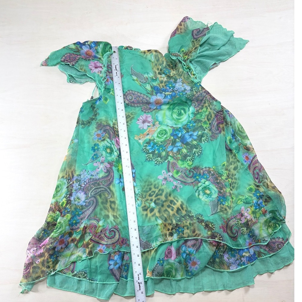 Pretty Angel Silk Blend Floral Paisley Ruffle Tunic Top Green Boho Large - Picture 4 of 5